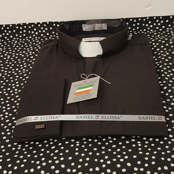 DANIEL ELLISSA MEN'S BLACK CLERGY SHIRT, WHITE TAB, WITH FRENCH CUFFS. - Picture 2 of 4